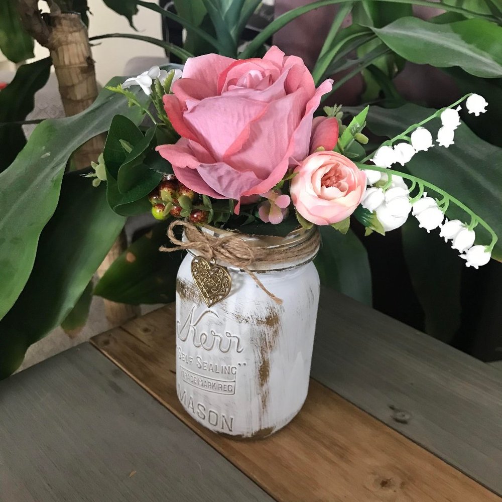 Handmade Pink Floral Arrangement in Distressed White and Metallic Gold Jar